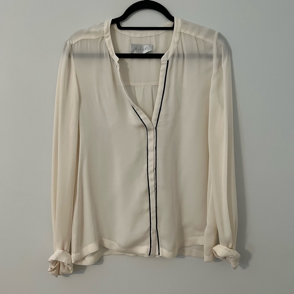 A.L.C. Sheer White Blouse w Black Piping